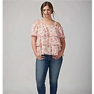 Lane Bryant Floral Cold Shoulder Ruffle Tiered Pink Flirty Feminine Blouse Sz 20